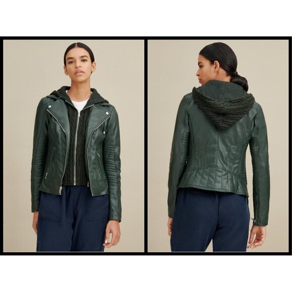 💕GUESS💕 Faux Leather Hooded Moto Jacket Zip Front Scuba ~ Hunter Green XL NWT - Picture 5 of 16